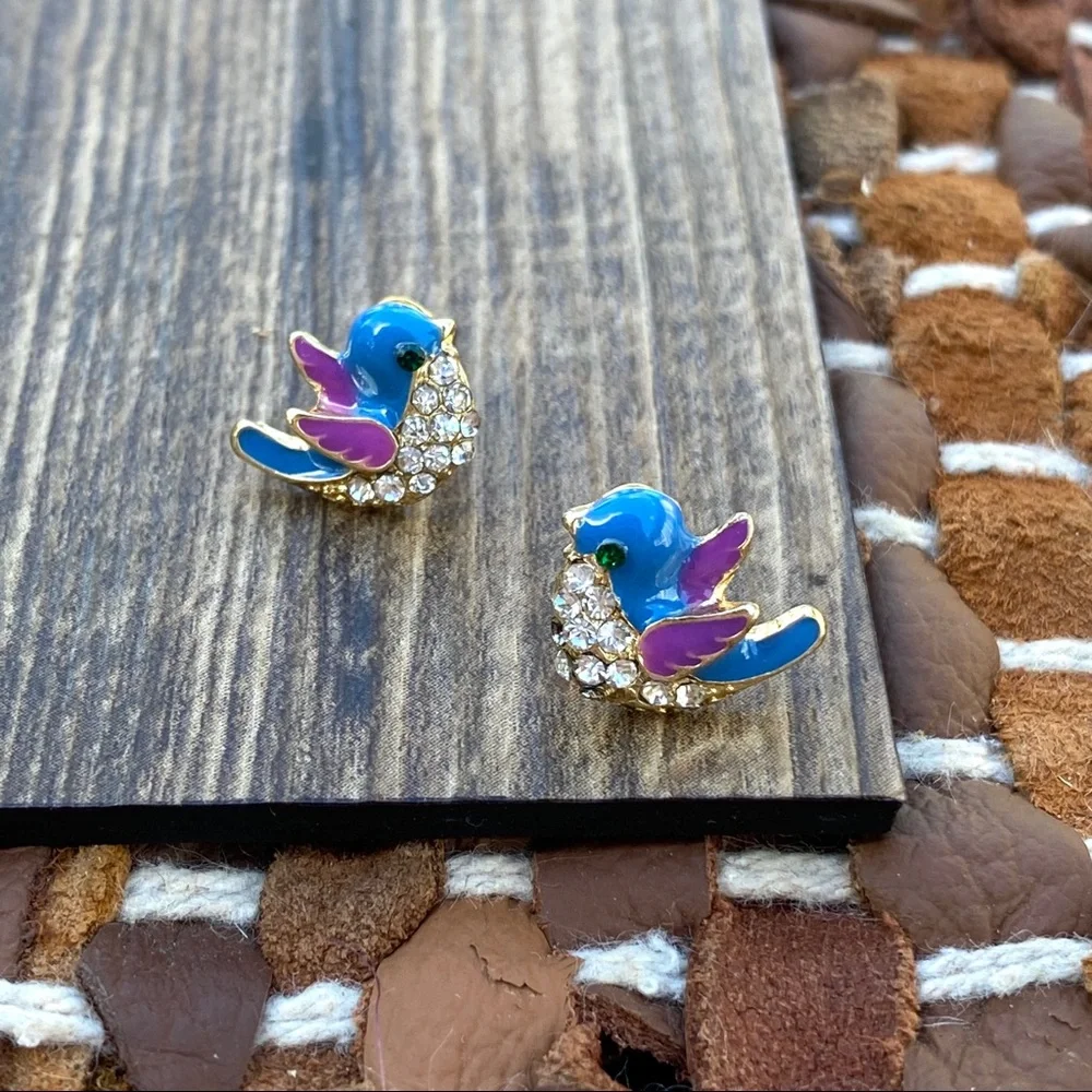 Blue and Purple Bird Earrings - Picture 2 of 4